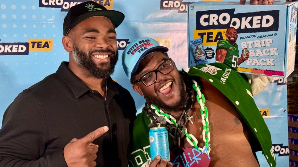 retired eagles player brandon graham with local hype man noshirt dom